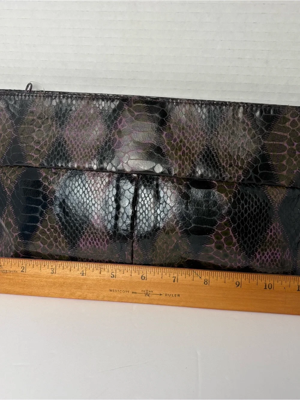 2-items NWOT- 1 snake skin harlequin diamond style pattern purple & blk clutch